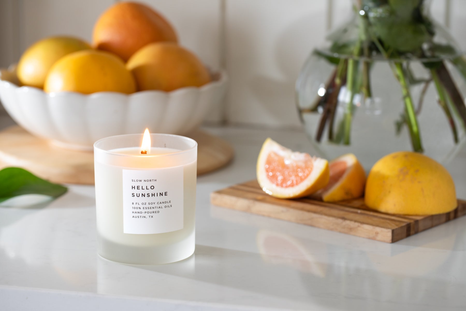 Hello Sunshine grapefruit geranium lime soy candle by Slow North, a clean-burning essential oil candle for spring