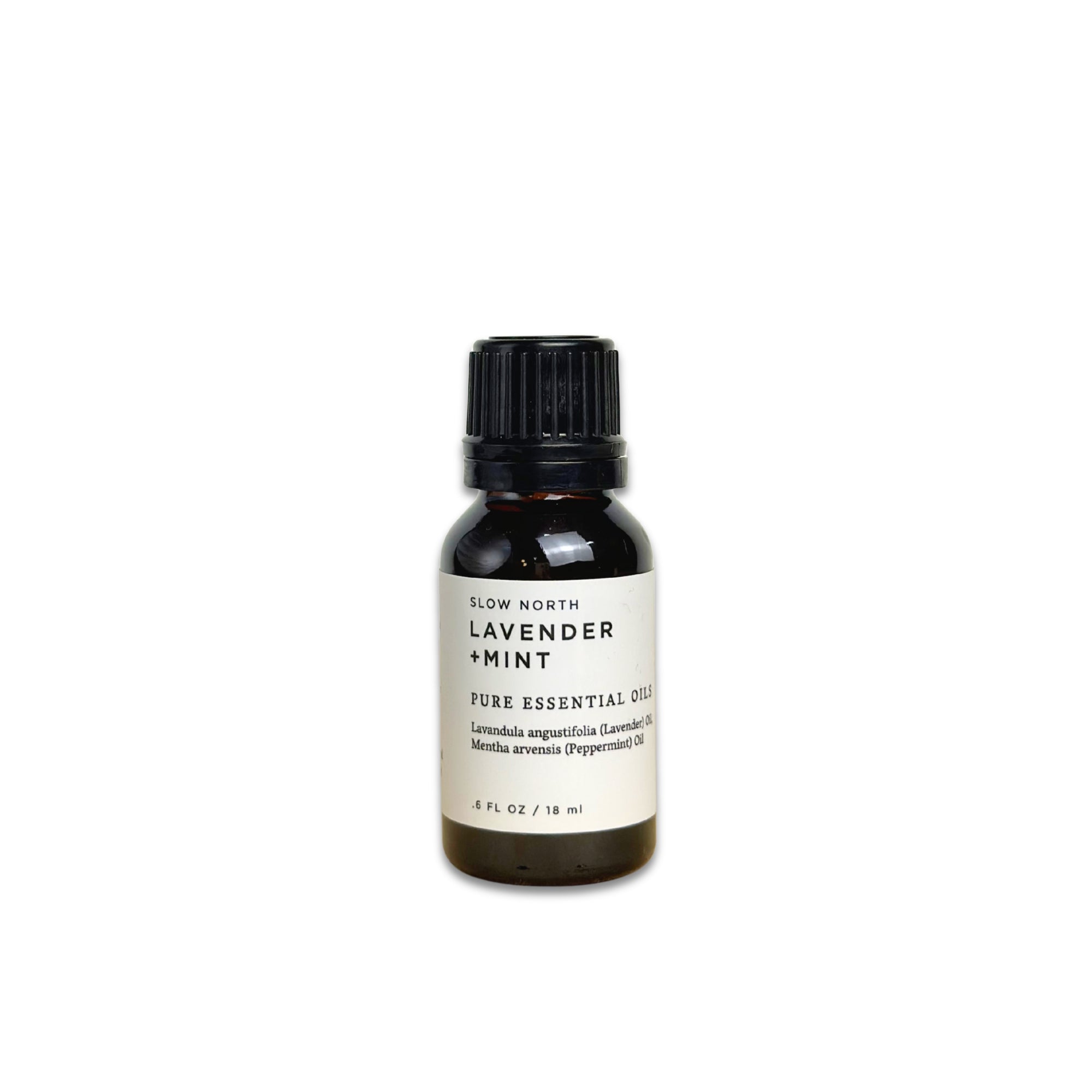 Bottle of lavender and mint essential oil on a white background