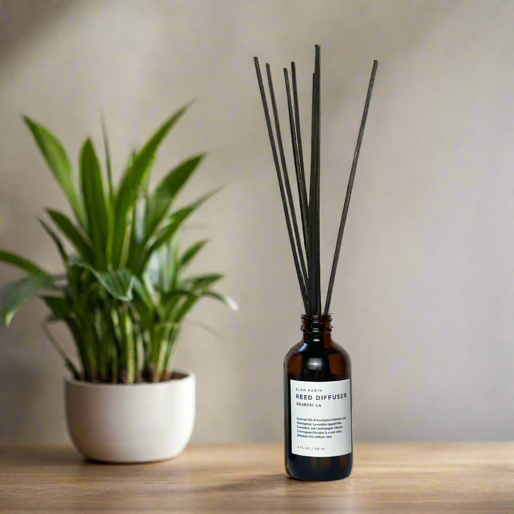 Reed Diffuser featuring lavender, lemongrass and eucalyptus next to a house plant