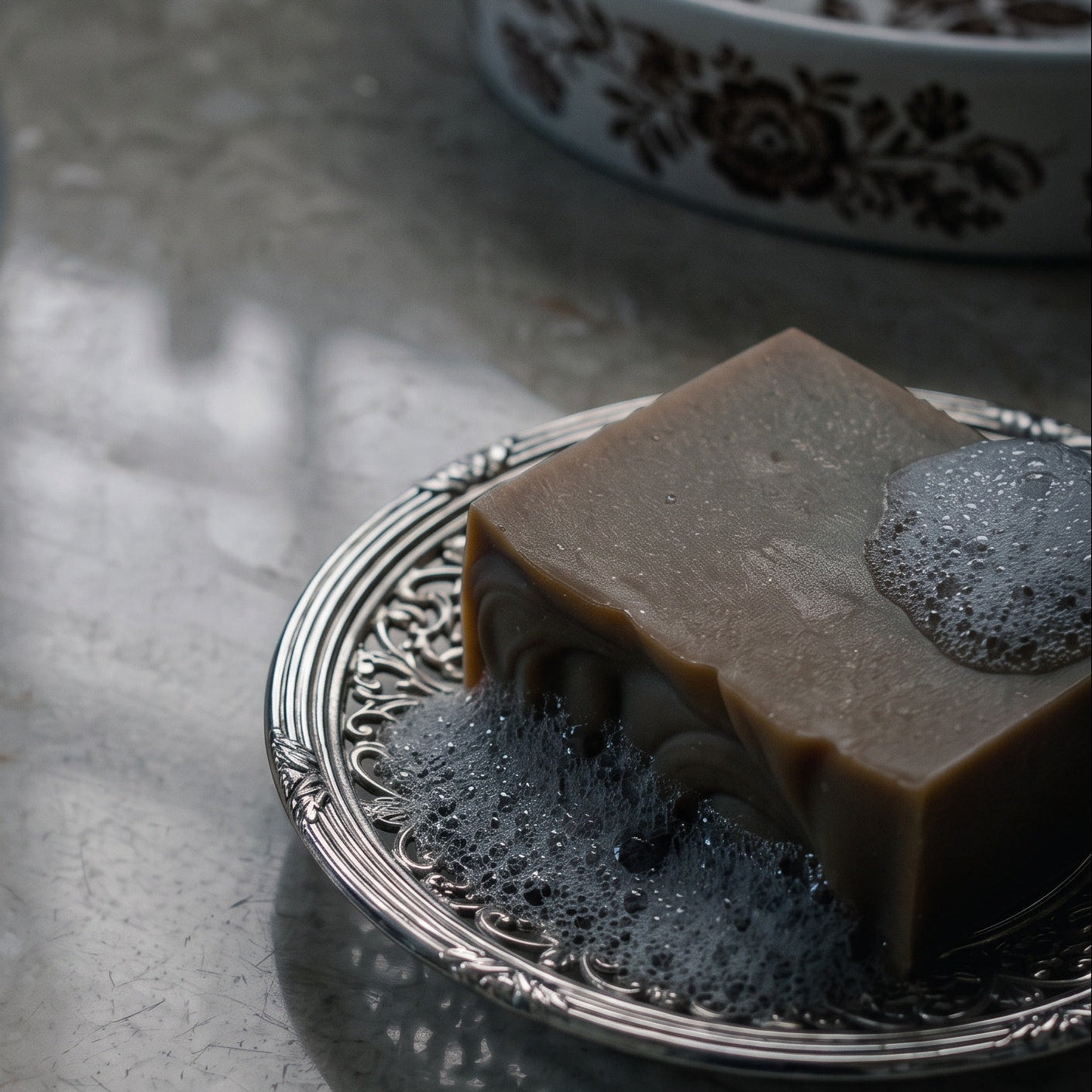 A rectangular bar of brown soap with dark lather sits on an ornate silver dish on a gray marble surface, with a matching floral bowl blurred in the background.