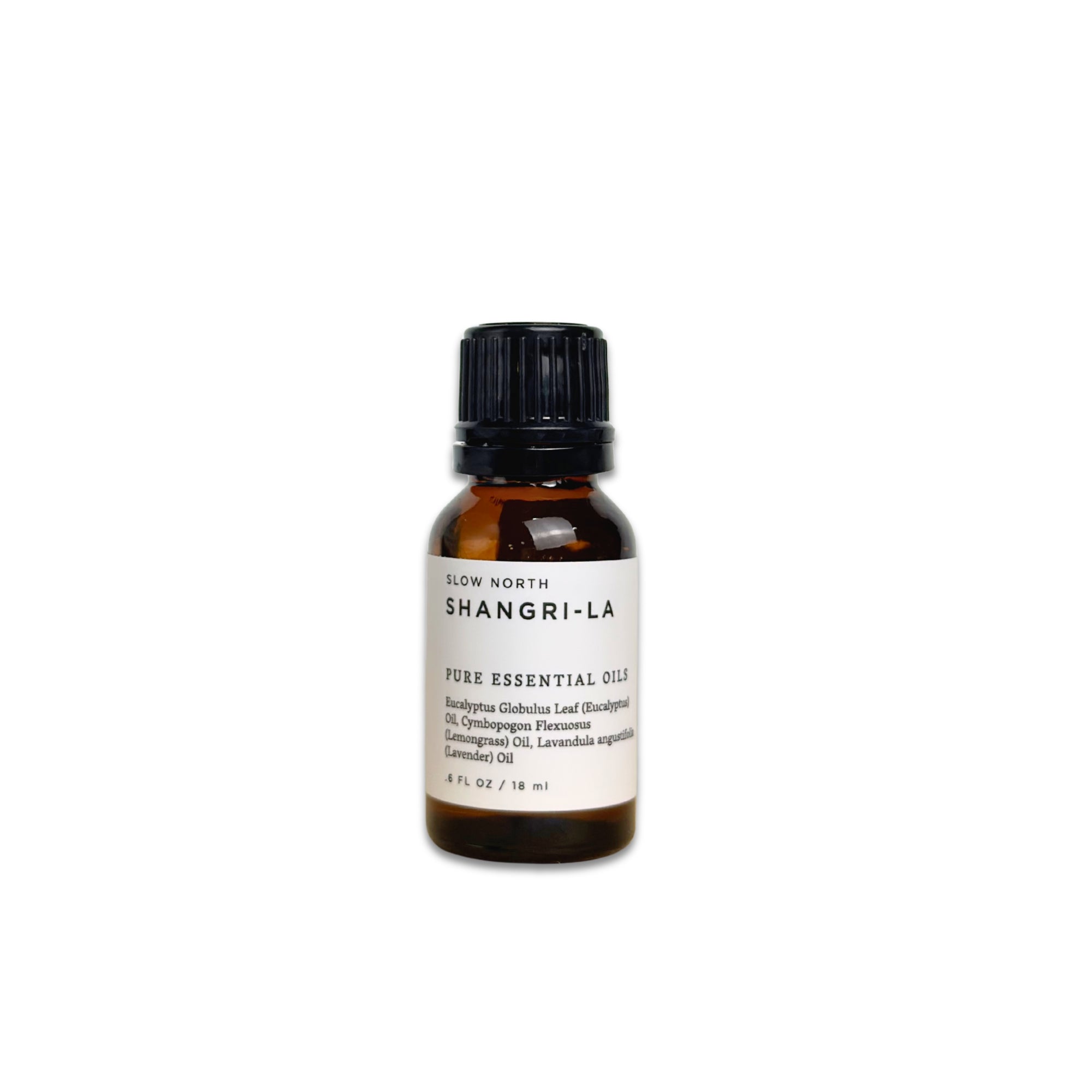 Shangri-La pure essential oil bottle on a white background